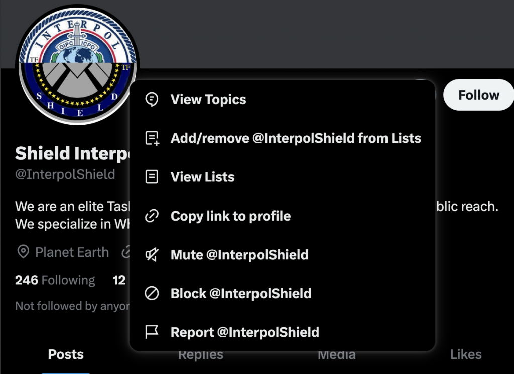 Shield Interpol Scam - Fake Account